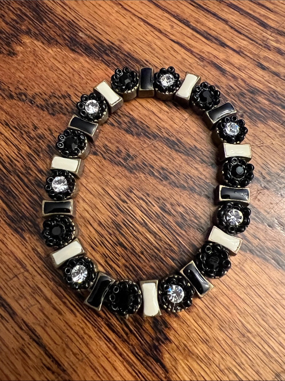 Black & White Rhinestone Crystal Floral Beaded Stretch Bracelet Women's Jewelry